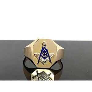 Masonic Ring 10k Yellow Gold Freemasonry Blue G Logo Vintage Men's Size 9